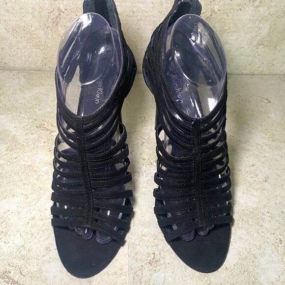 Calvin Klein Black Suede Strappy High Heel Sandals Back Zipper Size 8.5 - Picture 4 of 9